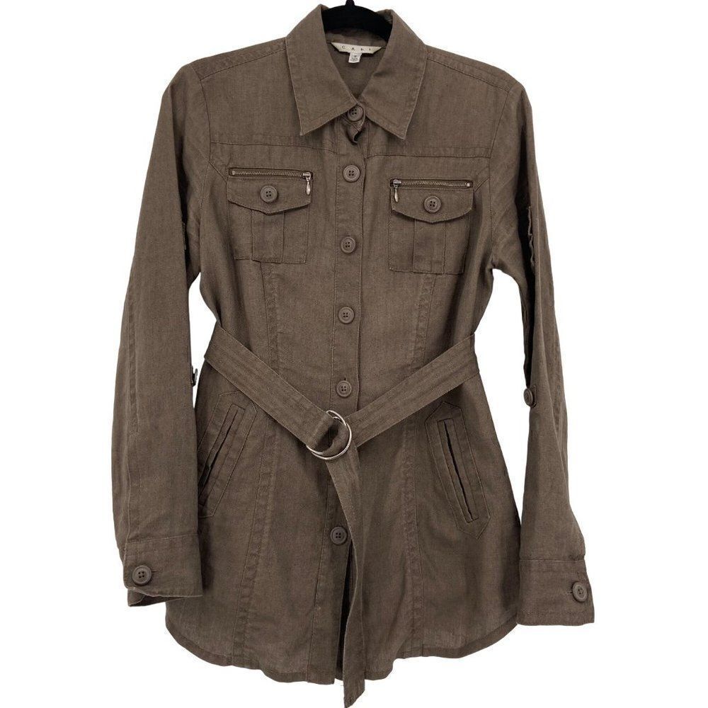 Cabi 100% Linen Belted Utility Cargo Jacket Sahara Brown Small‎